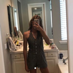 grey and white striped romper